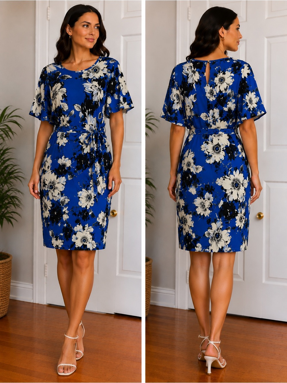 Robert Louis Blue Floral Dress Women’s XL Flutter Sleeve Belted Stretch Midi NWT
